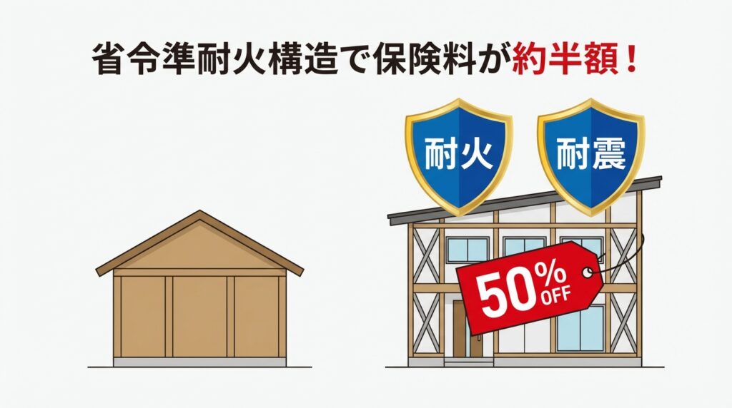 一般的な木造住宅と一条工務店の家を比較し、省令準耐火構造により保険料が半額になることを示すイラスト。