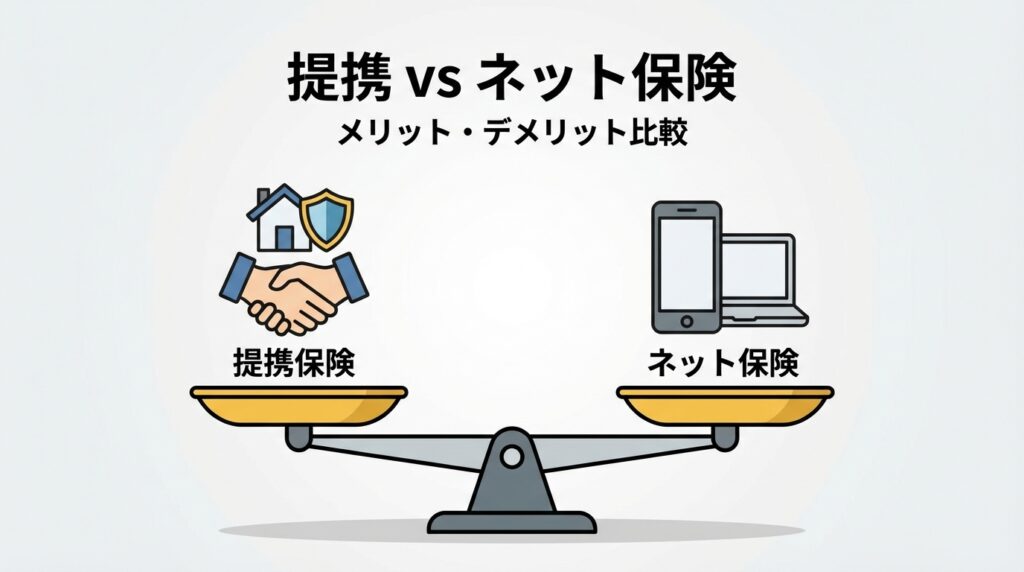 提携保険とネット保険を天秤にかけて比較しているイラスト。メリットとデメリットを検討するイメージ。