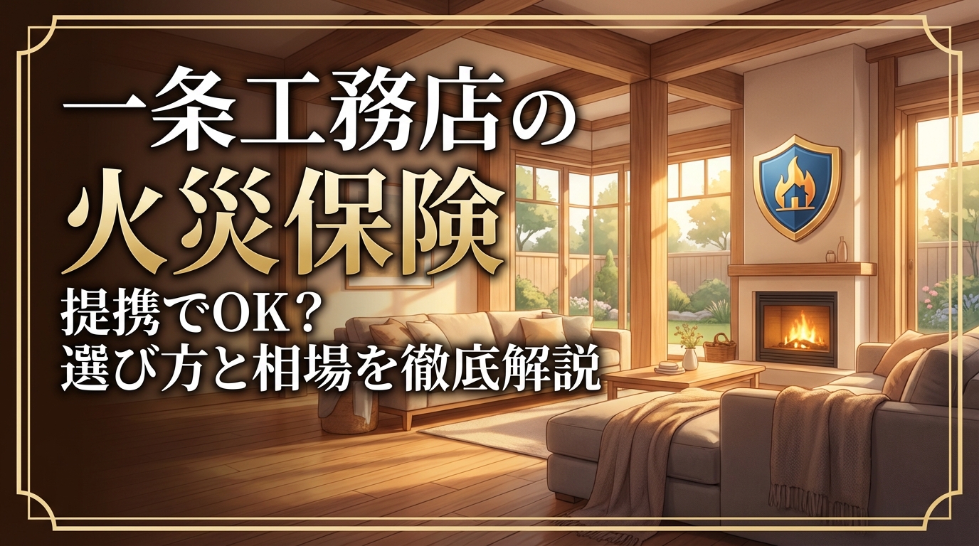 一条工務店の明るいリビングルームと、安心を表す盾のアイコン。火災保険の選び方を解説する記事のサムネイル。