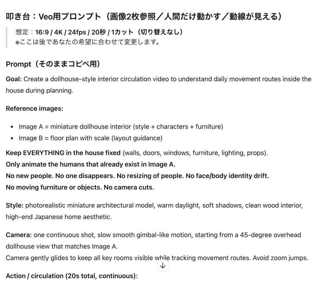ChatGPTにより作成されたVeo用プロンプト