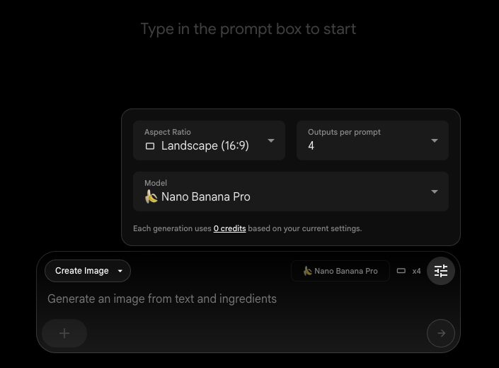 Flowのプロンプト入力画面。一気に4枚まで生成可能