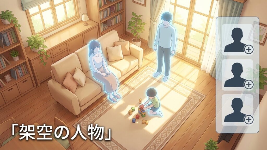 AIで生成された架空の家族が住む3Dリビング