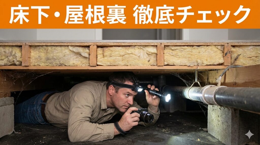 床下点検口から潜って配管や断熱材をチェックするホームインスペクターのイラスト。