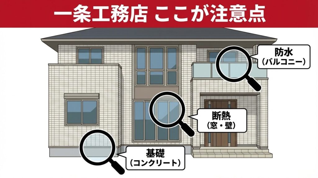 一条工務店の家(i-smart風)のイラストで、基礎、断熱、防水のチェックポイントを虫眼鏡で強調。