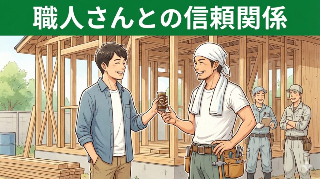 建築現場で施主が職人に差し入れを渡し、談笑しているイラスト。