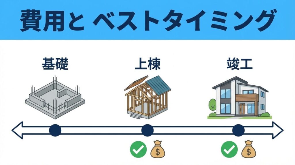 住宅建築の工程表(基礎、上棟、竣工)と、インスペクションの費用イメージを示すイラスト。
