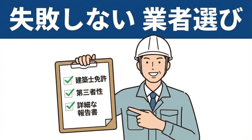 失敗しない業者選びのチェックリスト(建築士資格、第三者性、報告書)を持つインスペクターのイラスト。