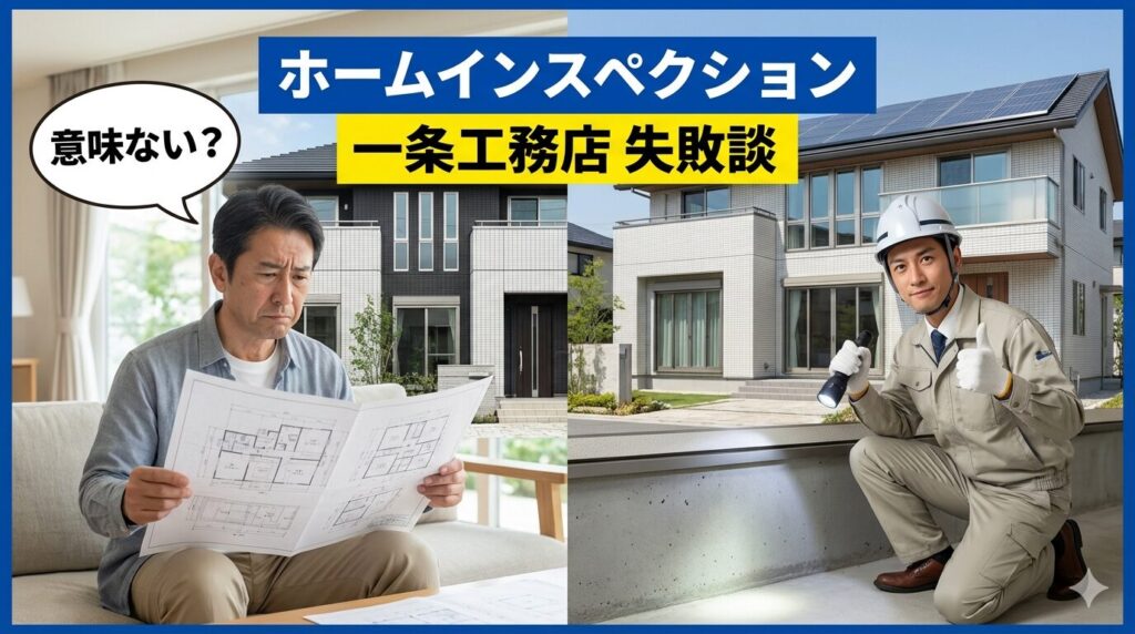 ホームインスペクションの必要性を悩む施主と、点検を行うプロのインスペクターの対比画像。